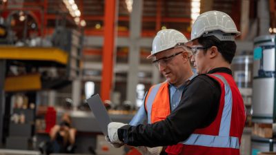 Two factory workers wearing hard hats and safety vests reviewing a laptop